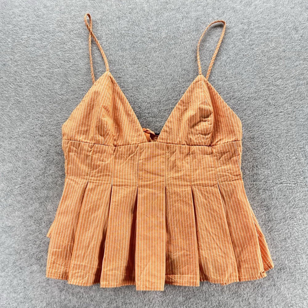 Zara Womens Medium Orange Pleated Spaghetti Top Striped Deep V Neck Festival